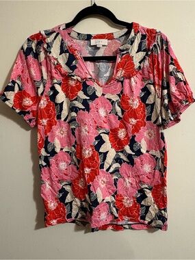 Loft short-sleeve top women’s Medium  vibrant pink red floral ruffled V-neckline